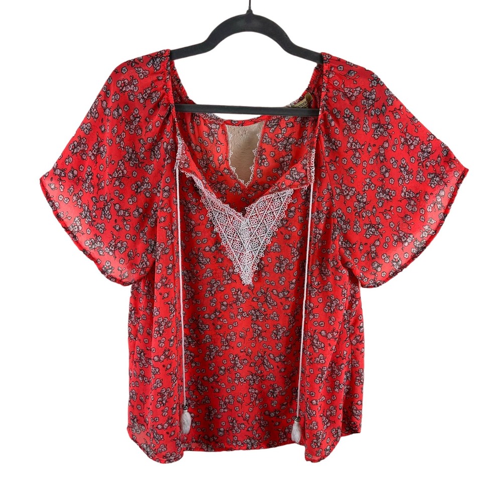 Democracy Floral Short Kimono Sleeve V-Neck Lightweight Blouse Crochet Size M